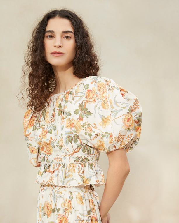 дрехи крем ботанически флорален Loeffler Randall N248X206 Жени анна горнище с буф ръкав и пеплум